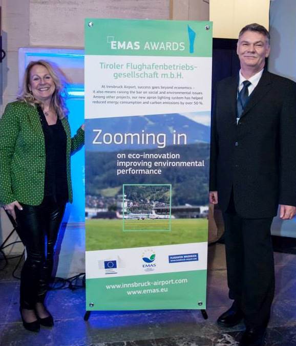 Airport Innsbruck Environmental Manager Christine Lindenberger and CSR Company managing Partner Christian Katholnigg at the EMAS ceremony in Hanover, Germany